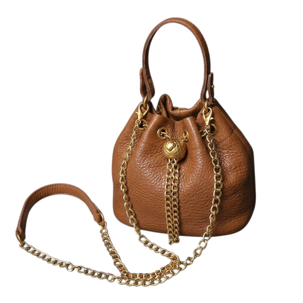 Luna Vintage Genuine Leather Bucket Bag – Handmade Top Layer Cowhide Shoulder Bag