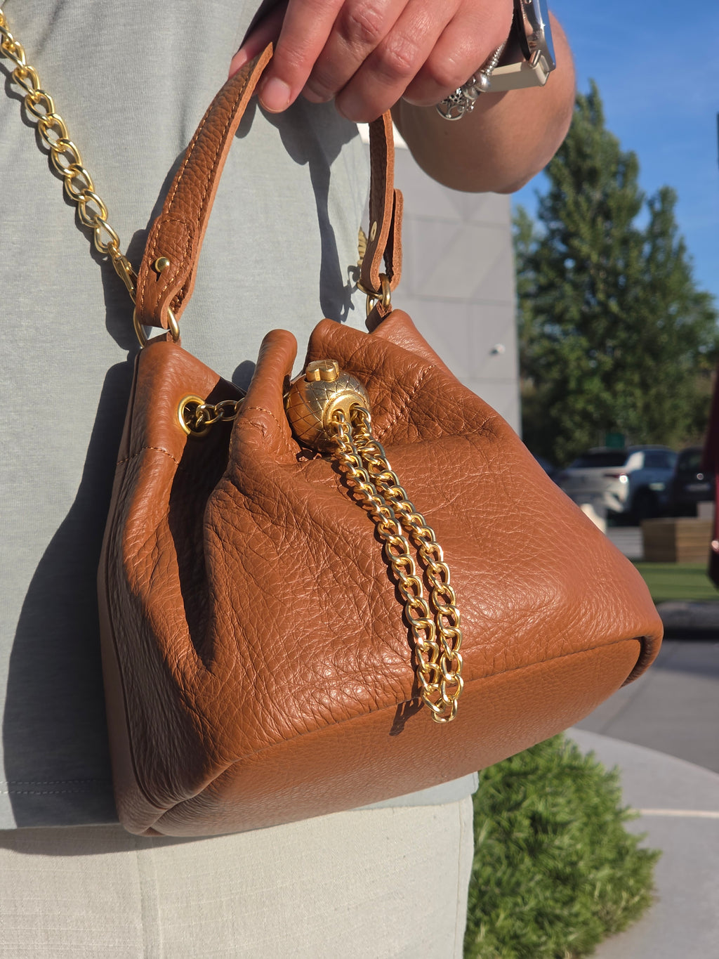 Leather Drawstring Bucket Bag With Chain Detail