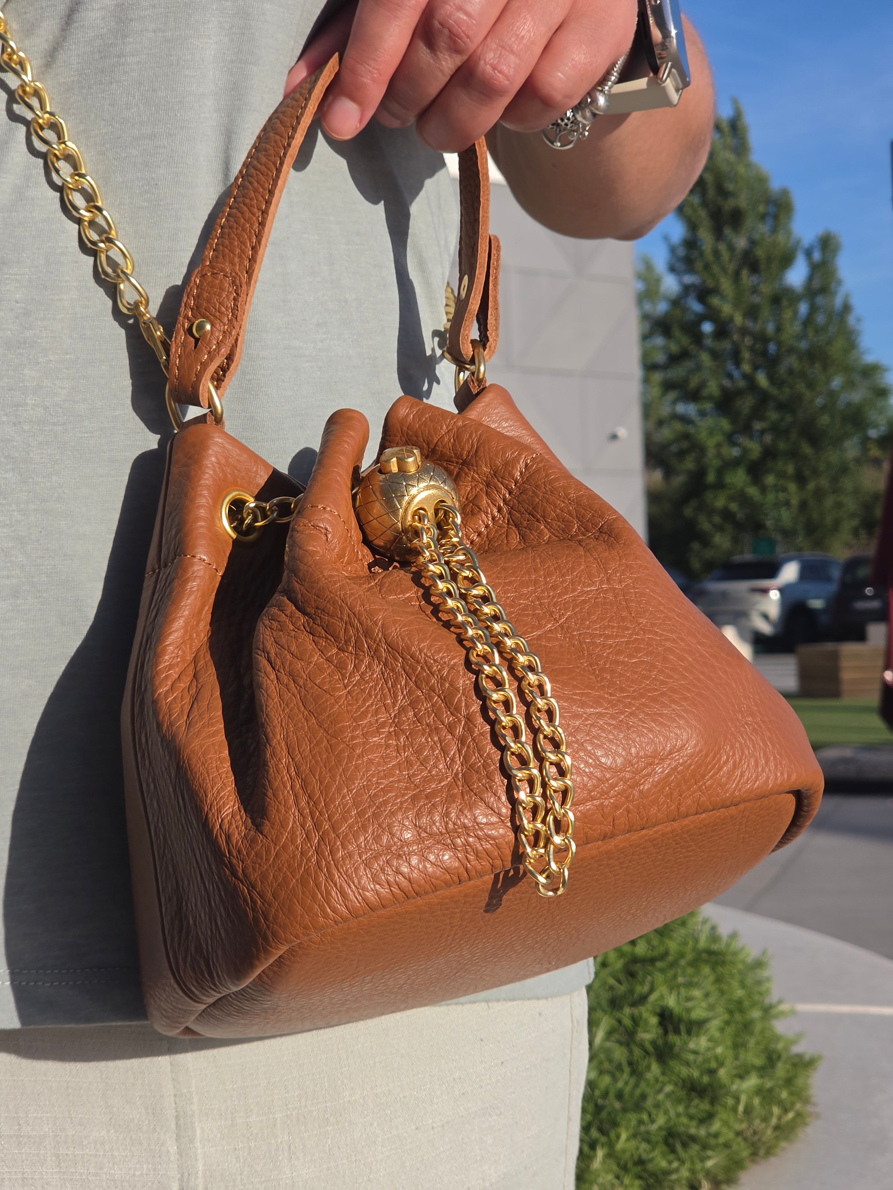 Leather Drawstring Bucket Bag With Chain Detail