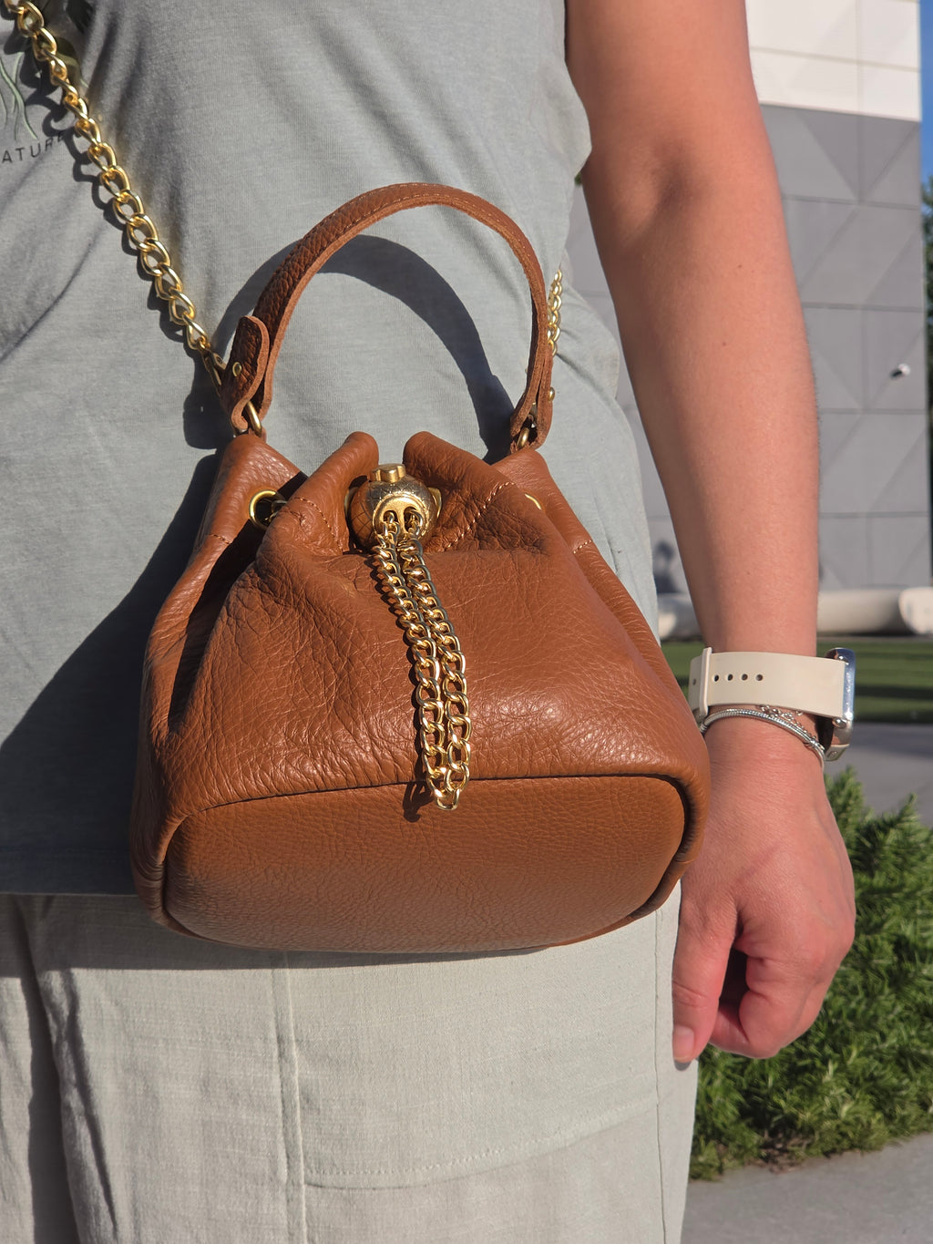 Leather Drawstring Bucket Bag With Chain Detail