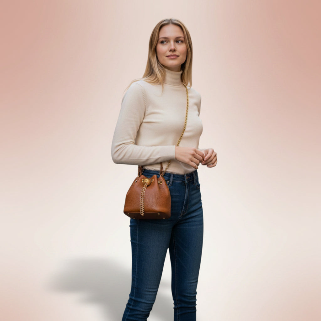 Luna Vintage Genuine Leather Bucket Bag – Handmade Top Layer Cowhide Shoulder Bag