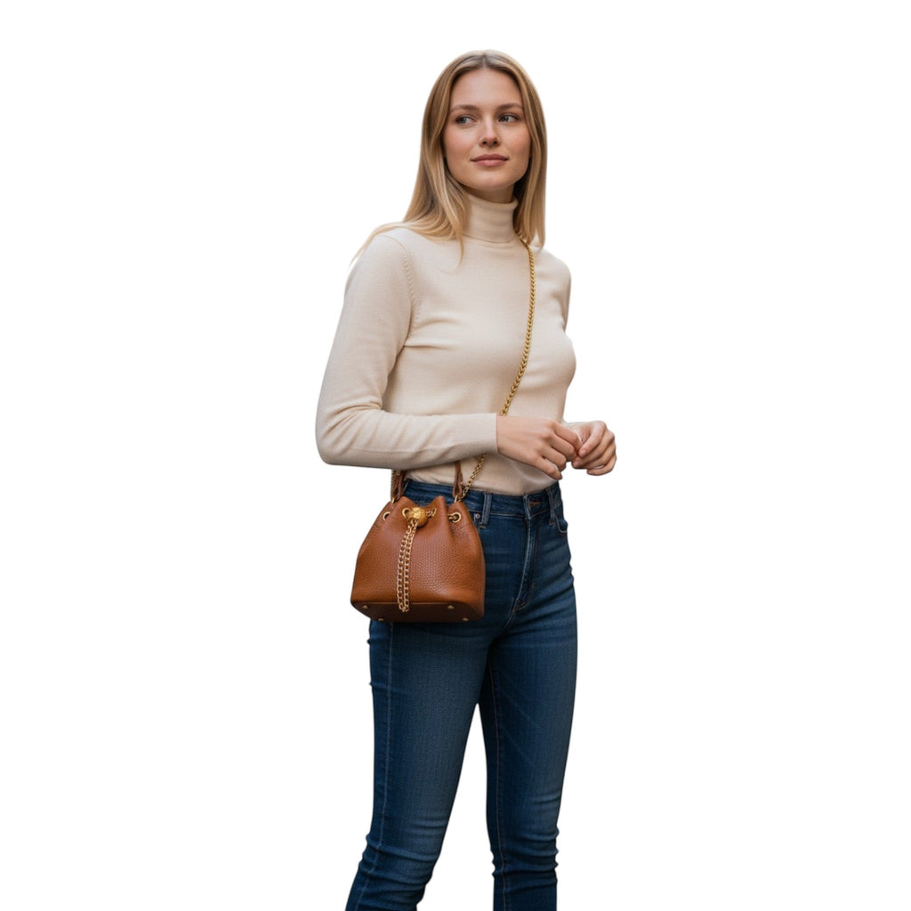 Leather Drawstring Bucket Bag With Chain Detail