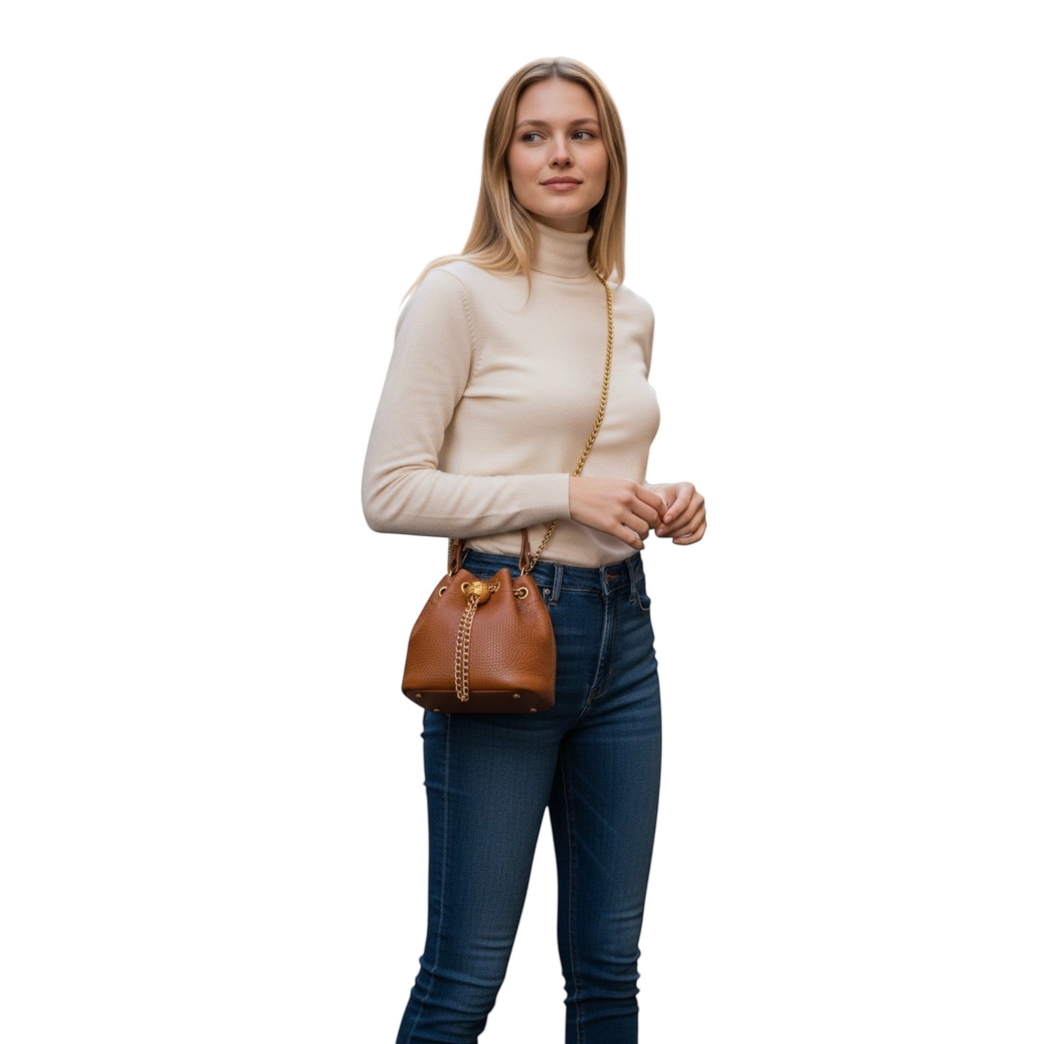 Leather Drawstring Bucket Bag With Chain Detail