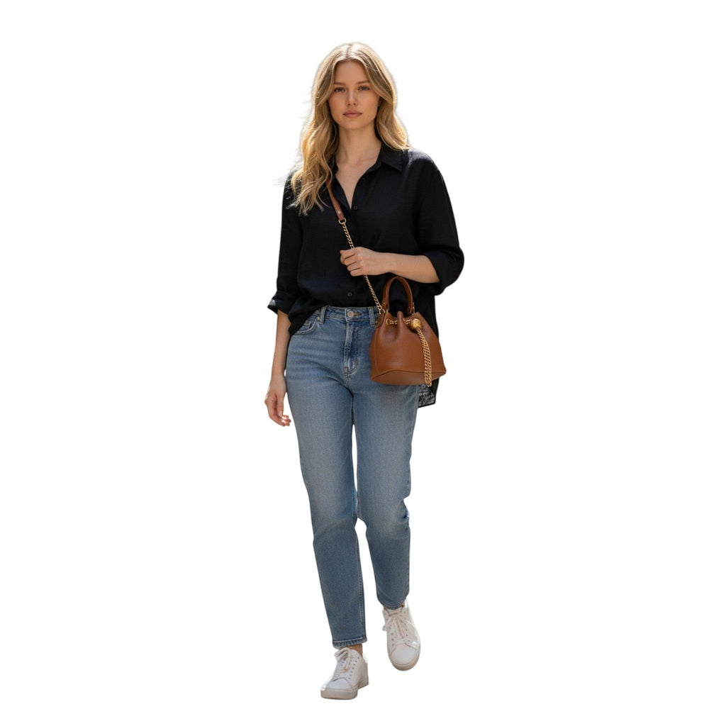 Leather Drawstring Bucket Bag With Chain Detail