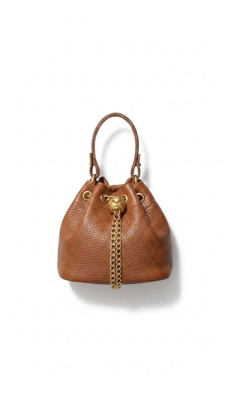 Leather Drawstring Bucket Bag With Chain Detail