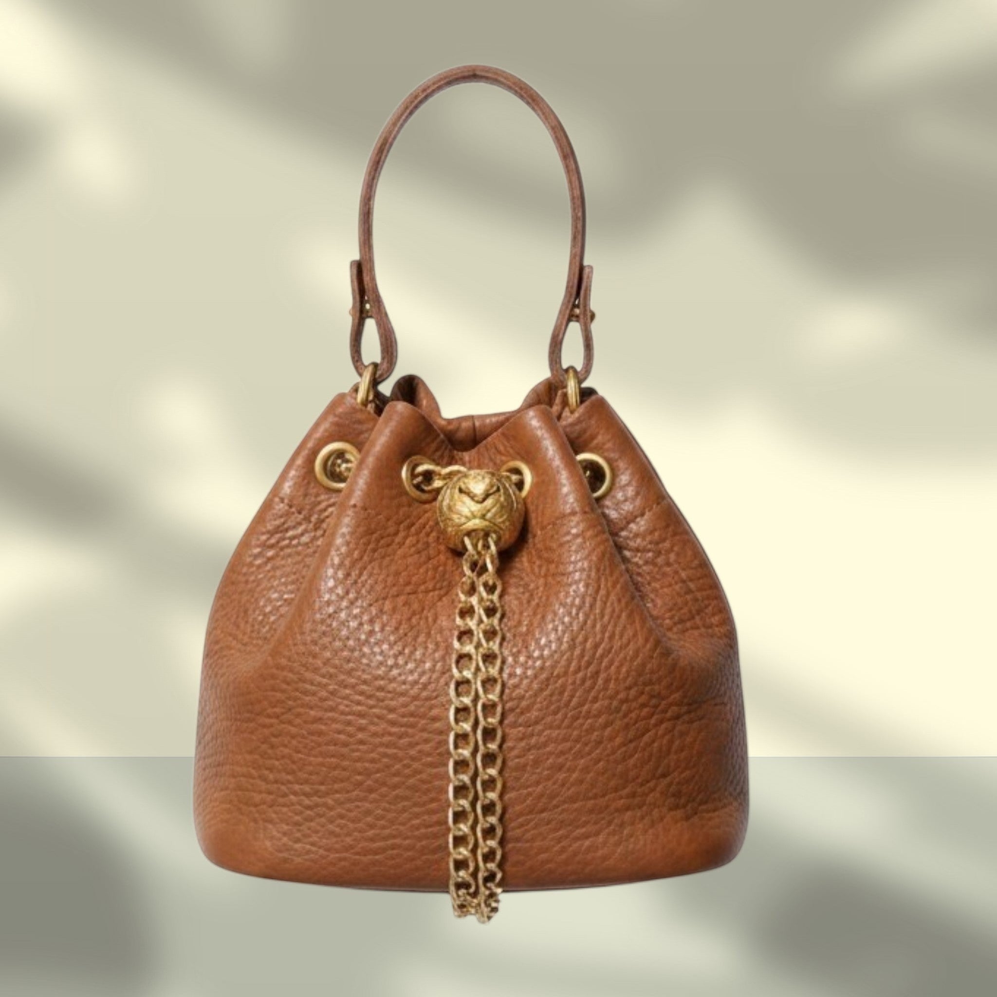 Leather Drawstring Bucket Bag With Chain Detail