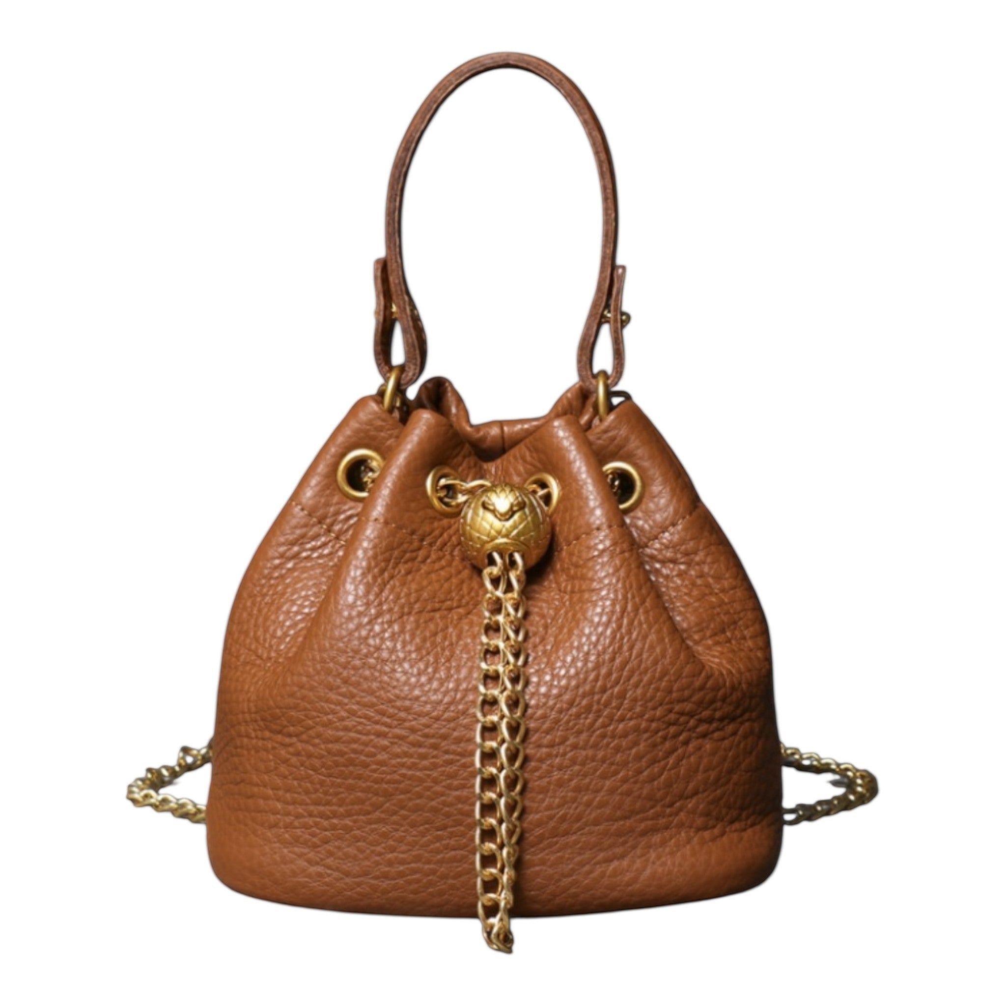 Leather Drawstring Bucket Bag With Chain Detail