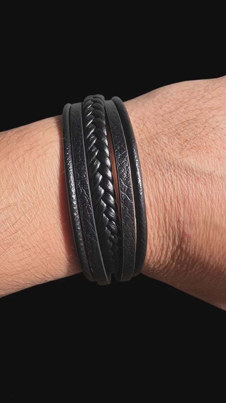 Unisex Genuine Leather Multi-Strand Braided Wrap Bracelet – Black 21 cm Casual Wristband
