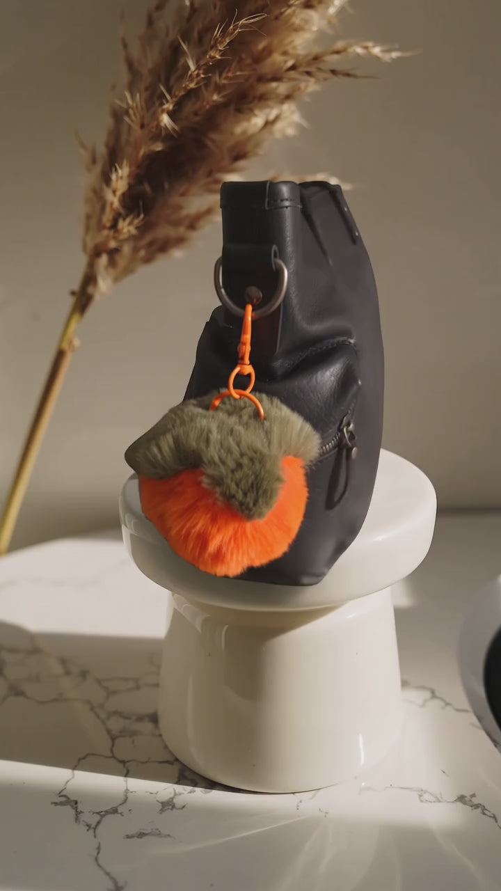 Fluffy Orange & Olive Bag Charm Keychain – Soft Faux Fur Pom Pom Handbag Accessory