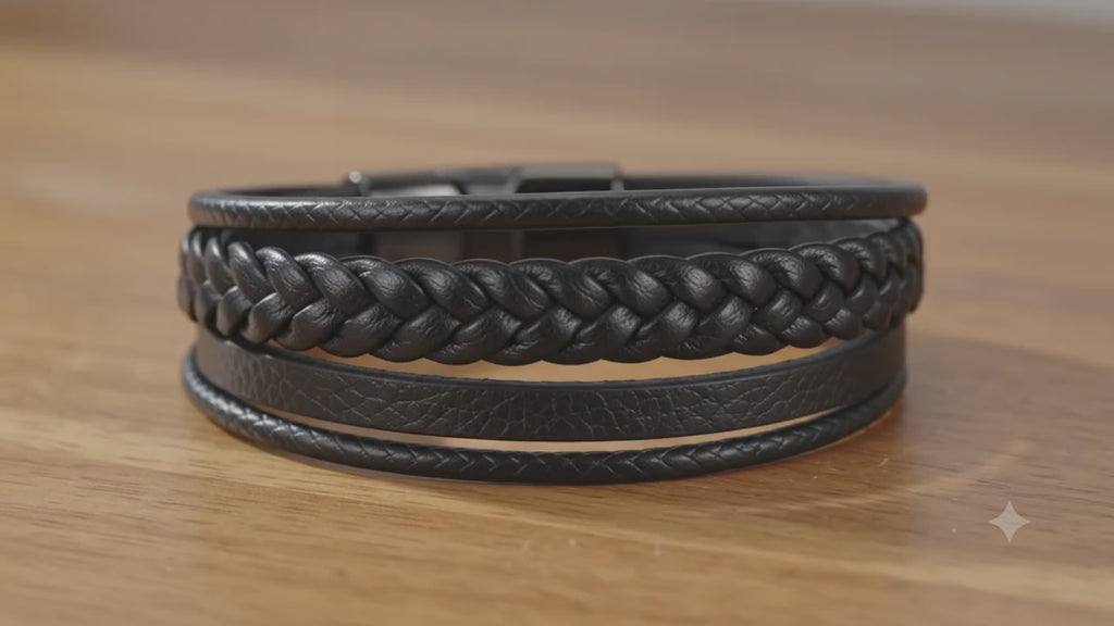 Unisex Genuine Leather Multi-Strand Braided Wrap Bracelet – Black 21 cm Casual Wristband