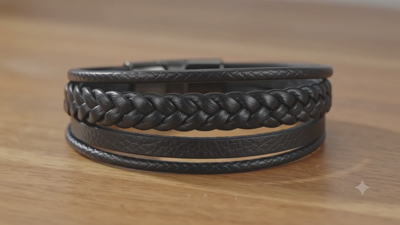 Unisex Genuine Leather Multi-Strand Braided Wrap Bracelet – Black 21 cm Casual Wristband