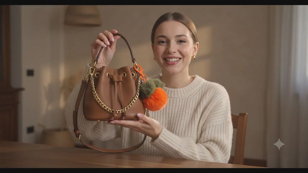 Fluffy Orange & Olive Bag Charm Keychain – Soft Faux Fur Pom Pom Handbag Accessory