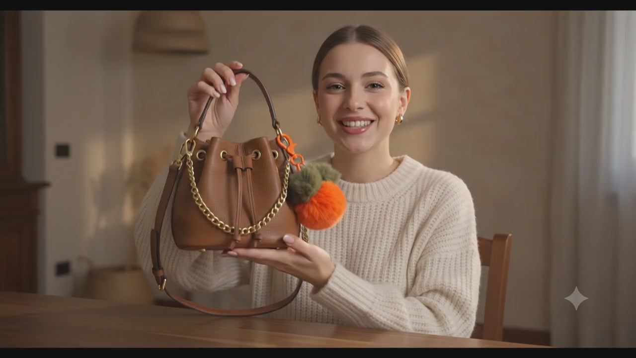 Fluffy Orange & Olive Bag Charm Keychain – Soft Faux Fur Pom Pom Handbag Accessory