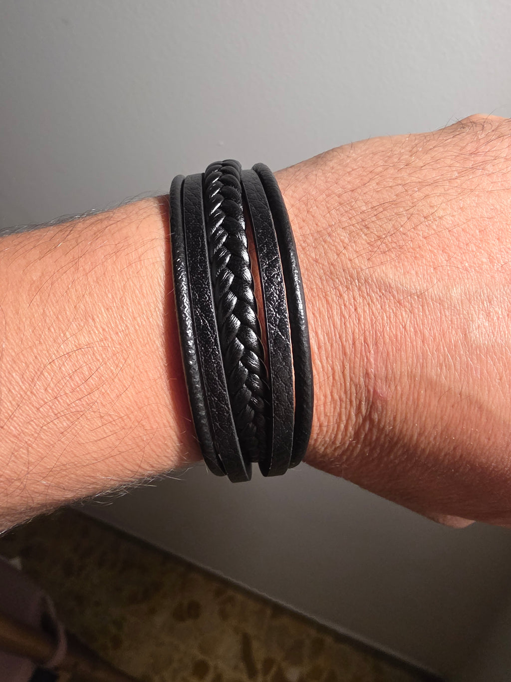 Unisex Genuine Leather Multi-Strand Braided Wrap Bracelet – Black 21 cm Casual Wristband