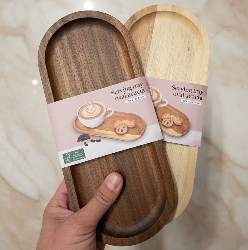 Set of 3 Oval Acacia Wood Trays. 30×12.9×1.2cm