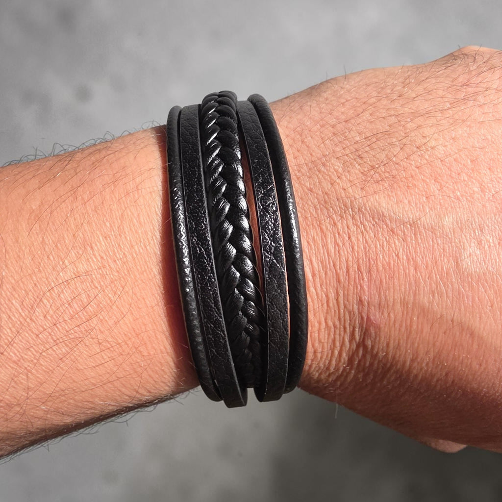 Unisex Genuine Leather Multi-Strand Braided Wrap Bracelet – Black 21 cm Casual Wristband