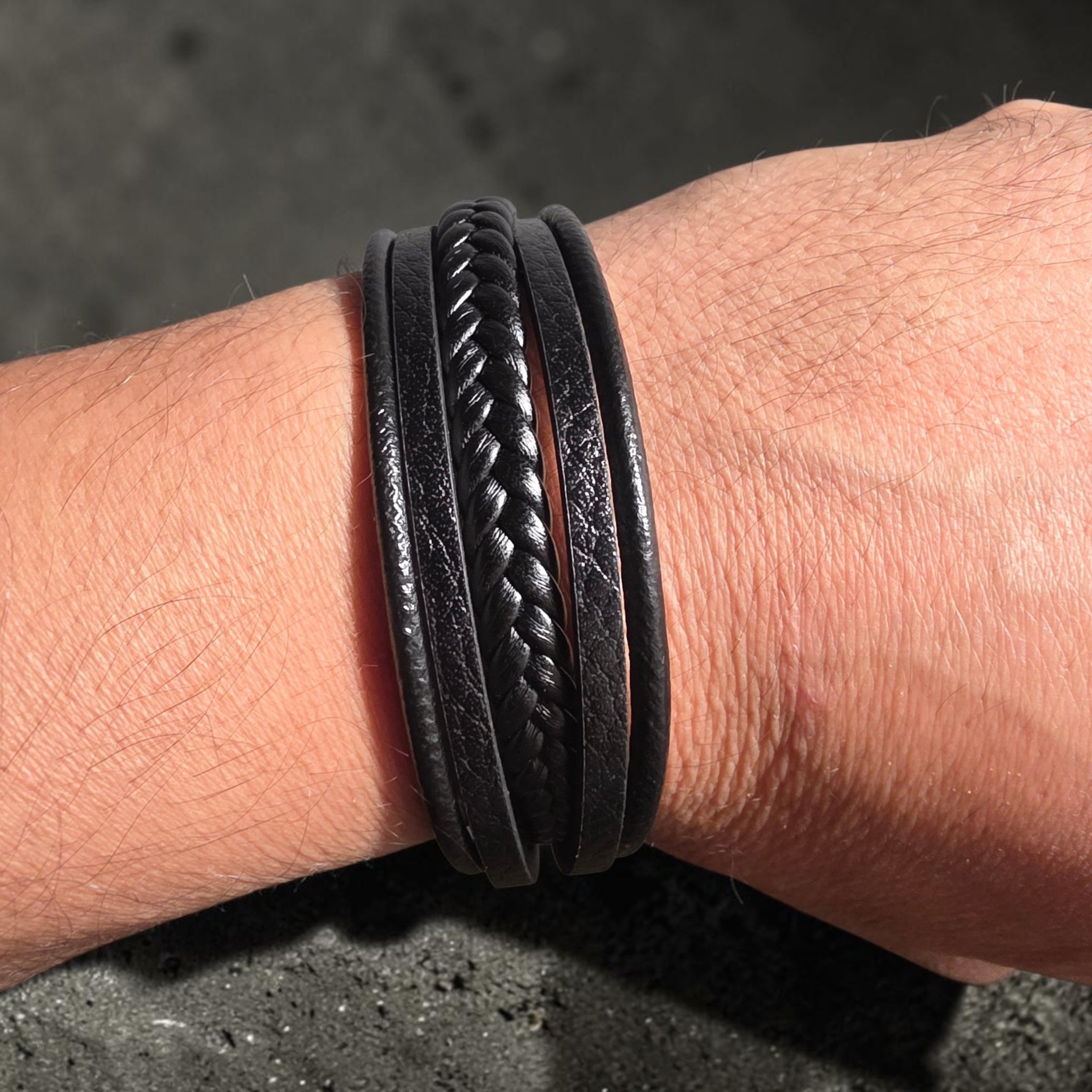 Unisex Genuine Leather Multi-Strand Braided Wrap Bracelet – Black 21 cm Casual Wristband