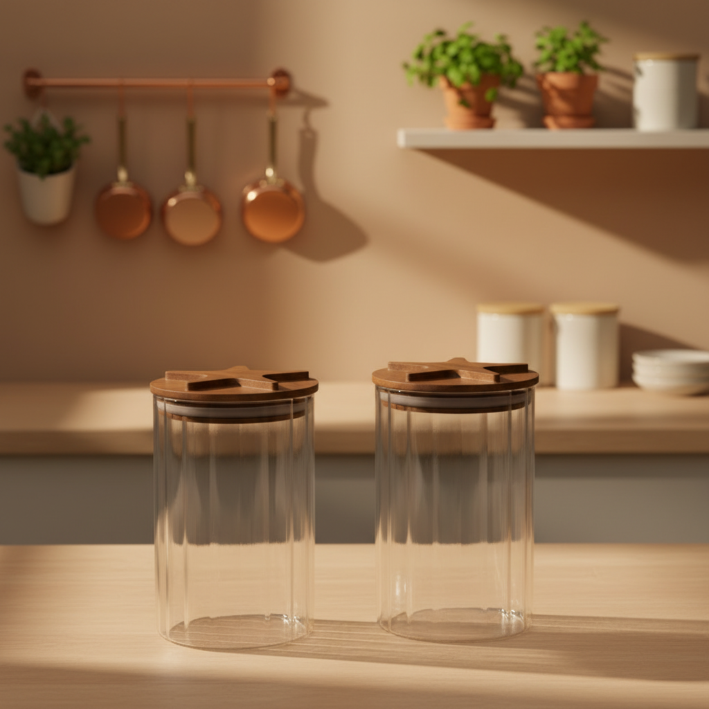 2 Glass jar with wooden lid