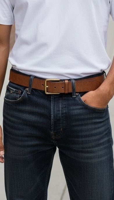 Premium Genuine Leather Belt for Men – Vintage Brass Buckle