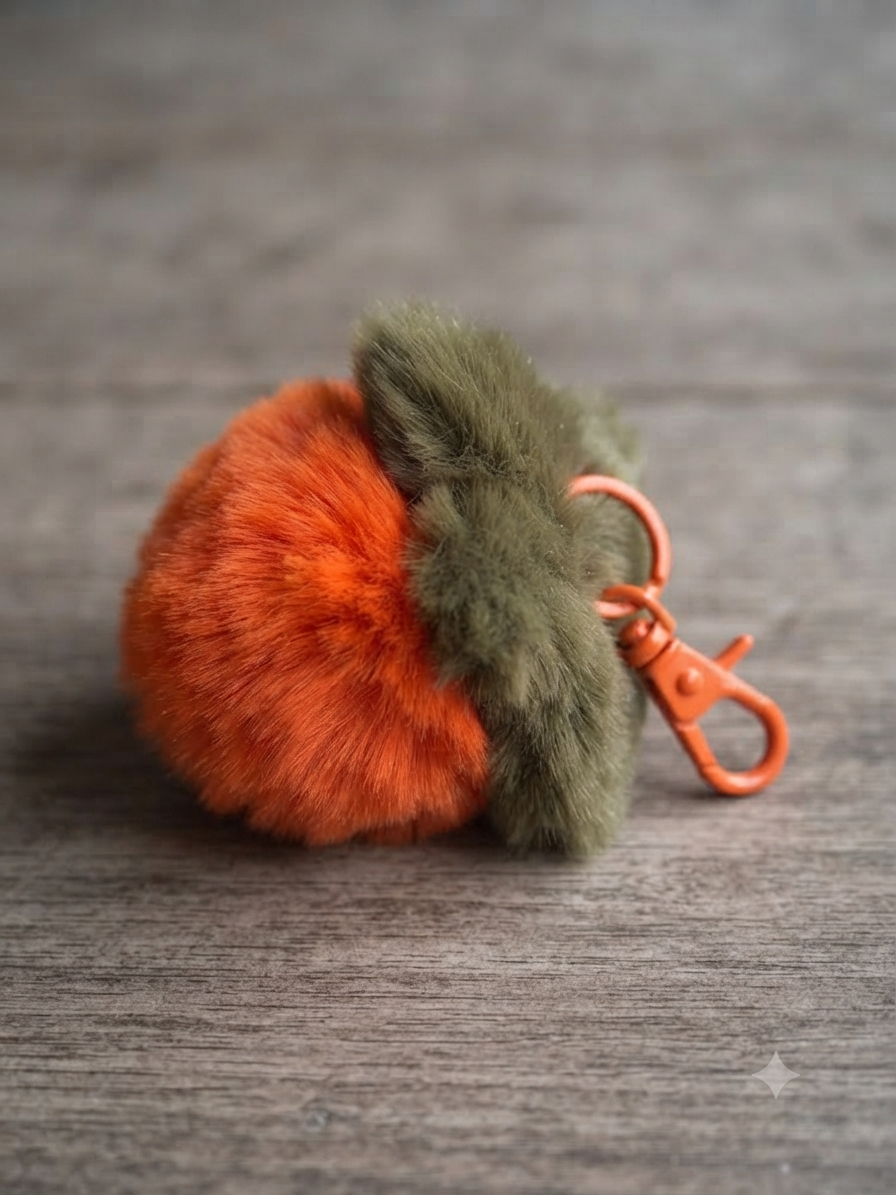 Fluffy Orange & Olive Bag Charm Keychain – Soft Faux Fur Pom Pom Handbag Accessory