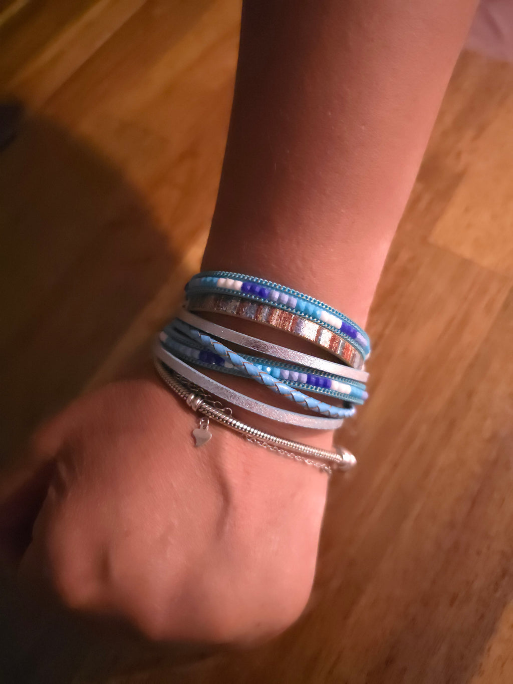Blue Genuine Leather Multi-Strand Wrap Bracelet with Beads and Magnetic Clasp - 19 cm Boho Jewelry
