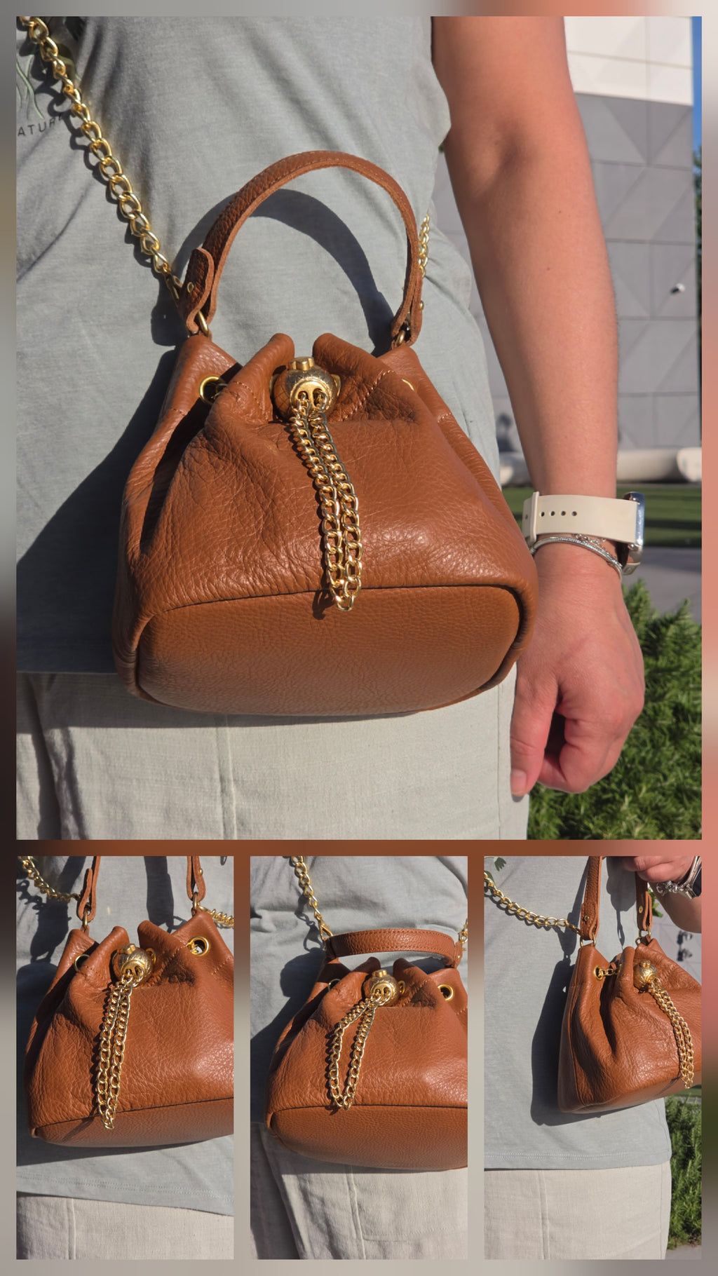 Leather Drawstring Bucket Bag With Chain Detail