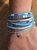 Blue Genuine Leather Multi-Strand Wrap Bracelet with Beads and Magnetic Clasp - 19 cm Boho Jewelry