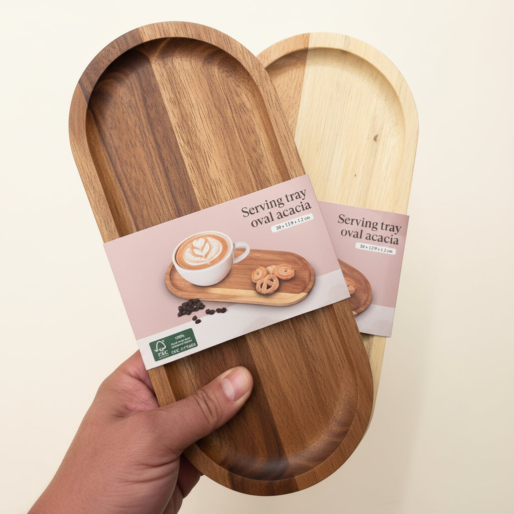 Set of 3 Oval Acacia Wood Trays. 30×12.9×1.2cm