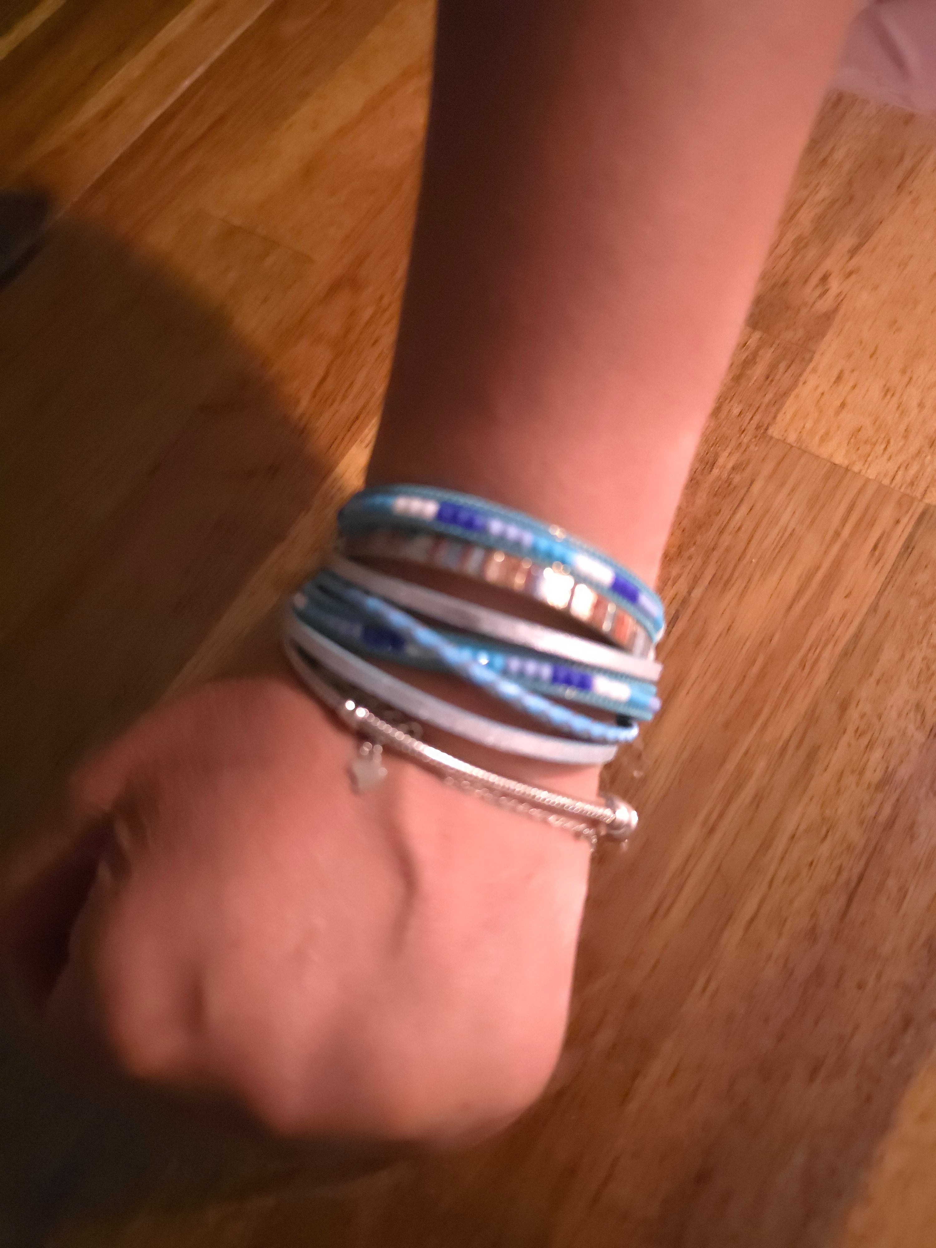 Blue Genuine Leather Multi-Strand Wrap Bracelet with Beads and Magnetic Clasp - 19 cm Boho Jewelry