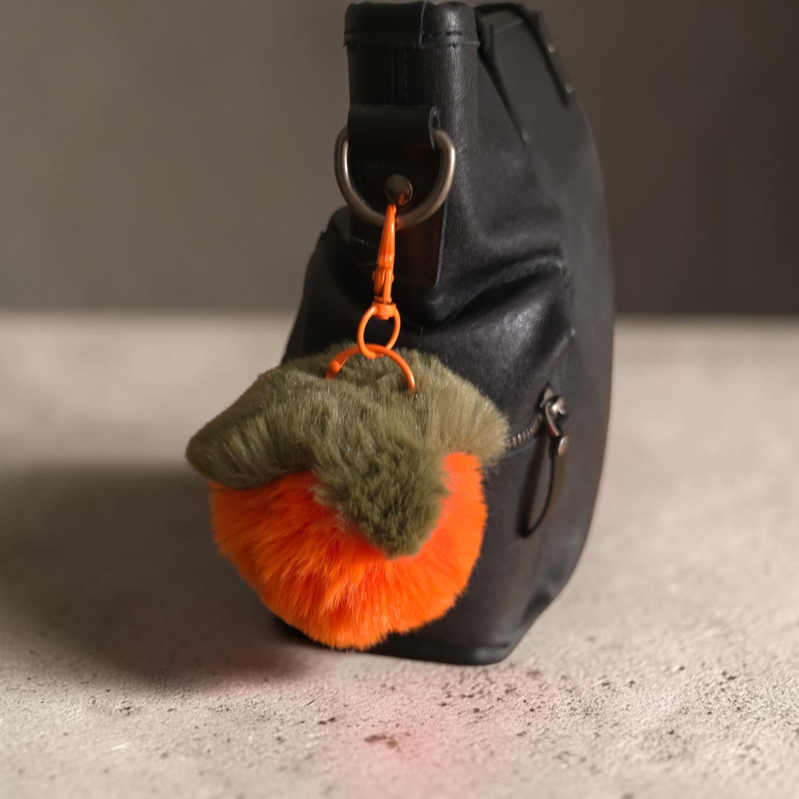 Fluffy Orange & Olive Bag Charm Keychain – Soft Faux Fur Pom Pom Handbag Accessory