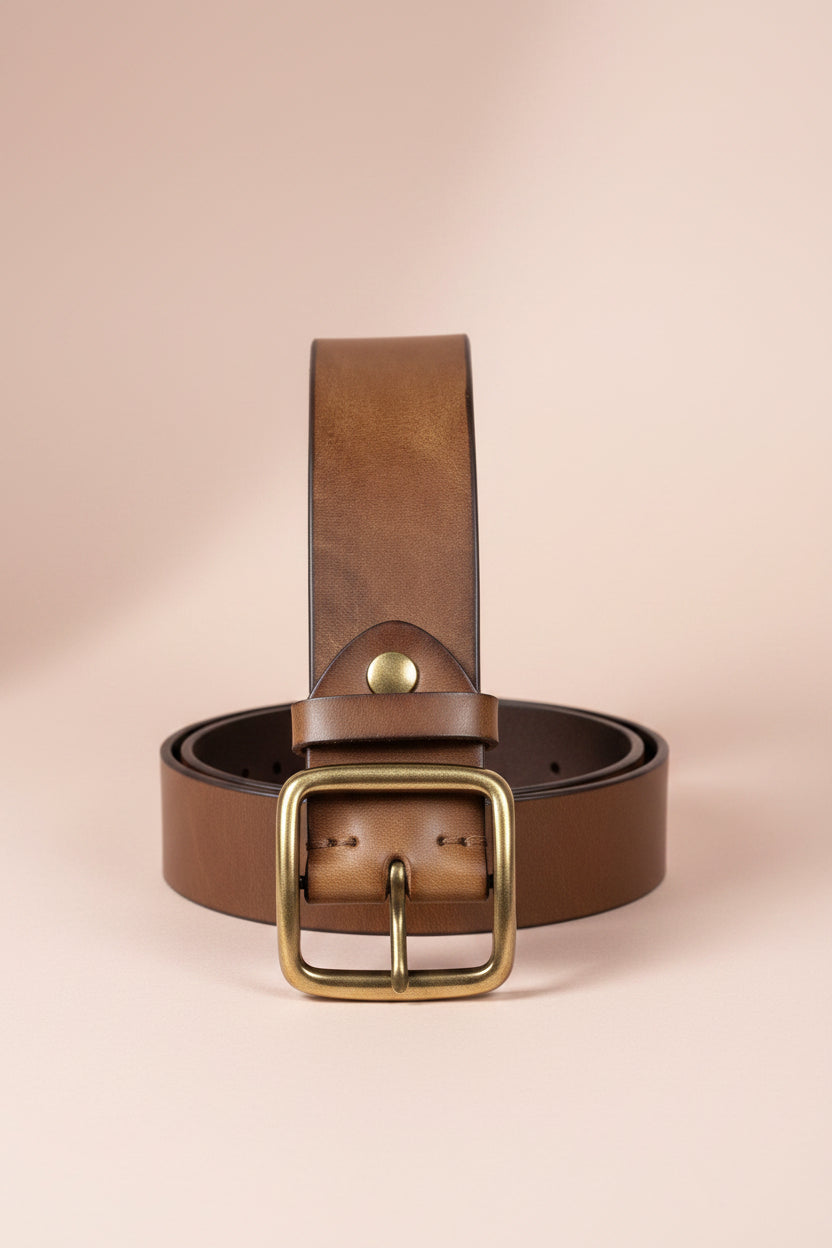 Premium Genuine Leather Belt for Men – Vintage Brass Buckle