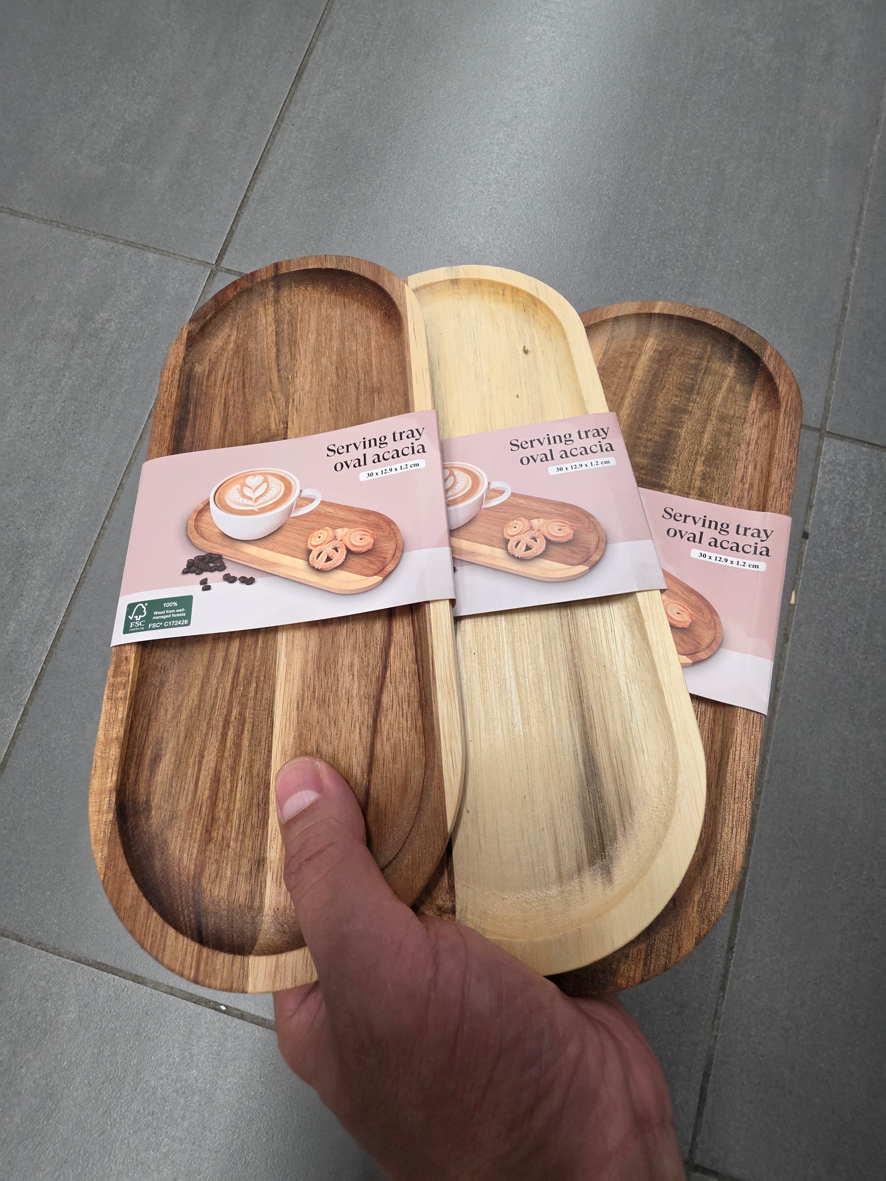 Set of 3 Oval Acacia Wood Trays. 30×12.9×1.2cm