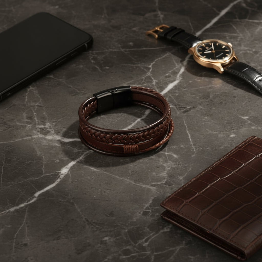 Bracciale Velmoro in pelle intrecciata marrone con chiusura magnetica nera su sfondo in marmo scuro
