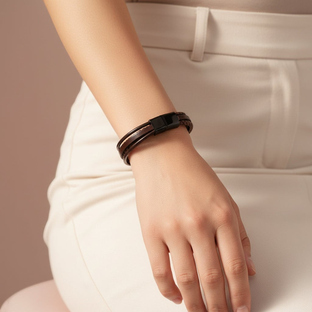 Bracciale Velmoro multistrato in pelle intrecciata marrone con chiusura magnetica nera su polso femminile