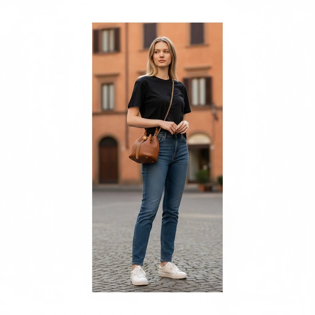 Velmoro Luna vintage genuine leather bucket bag in brown, with gold chain detail, worn by a woman in jeans and a black t-shirt.