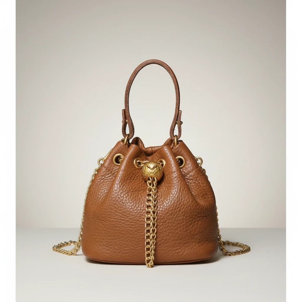 Velmoro Luna vintage genuine leather bucket bag in brown with gold chain drawstring and lion head accent.