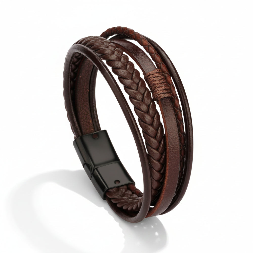Handwoven Multi-Layer Braided Leather Bracelet with Magnetic Clasp - Unisex Vintage Ethnic Cuff