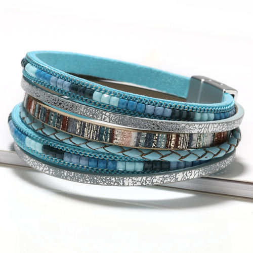 Blue Genuine Leather Multi-Strand Wrap Bracelet with Beads and Magnetic Clasp - 19 cm Boho Jewelry